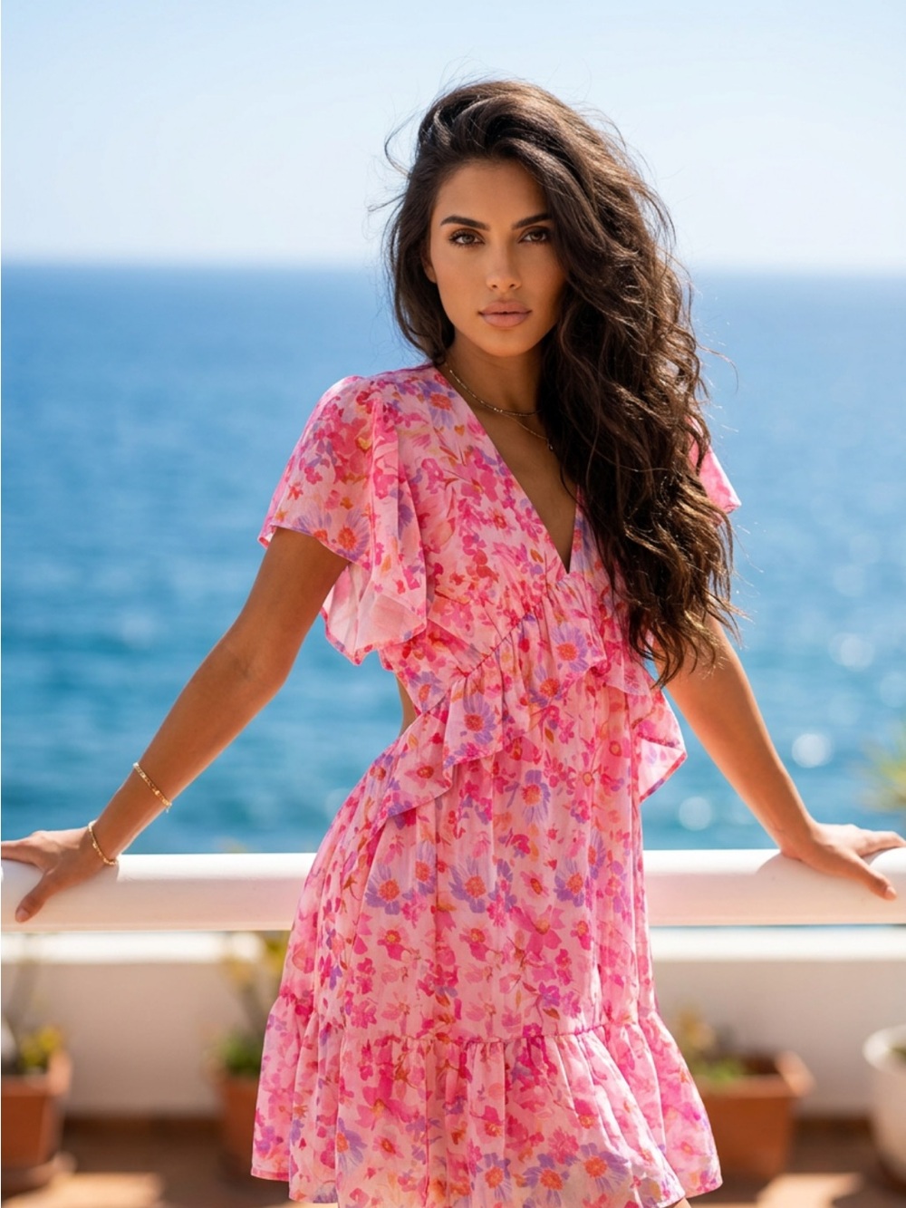 Floral Pink Ruffle V‑Neck dress with cut out sides 20 ptp waist 16 in